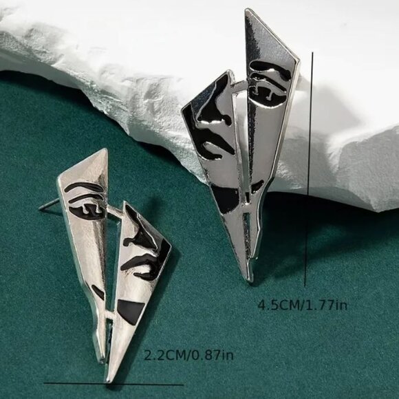 NEW Modernist Avant Garde Silver and Black Geometric Face Earrings - Picture 4 of 4